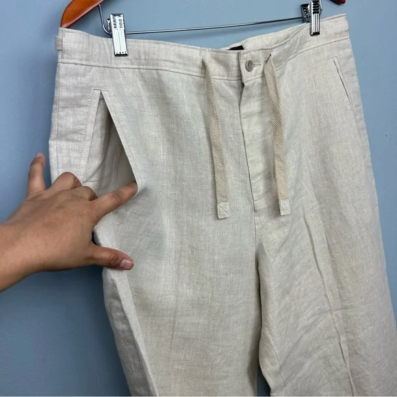 Tasso Elba 100% linen Men’s 36X30 Classic fit casual Pants drawcord waist beige